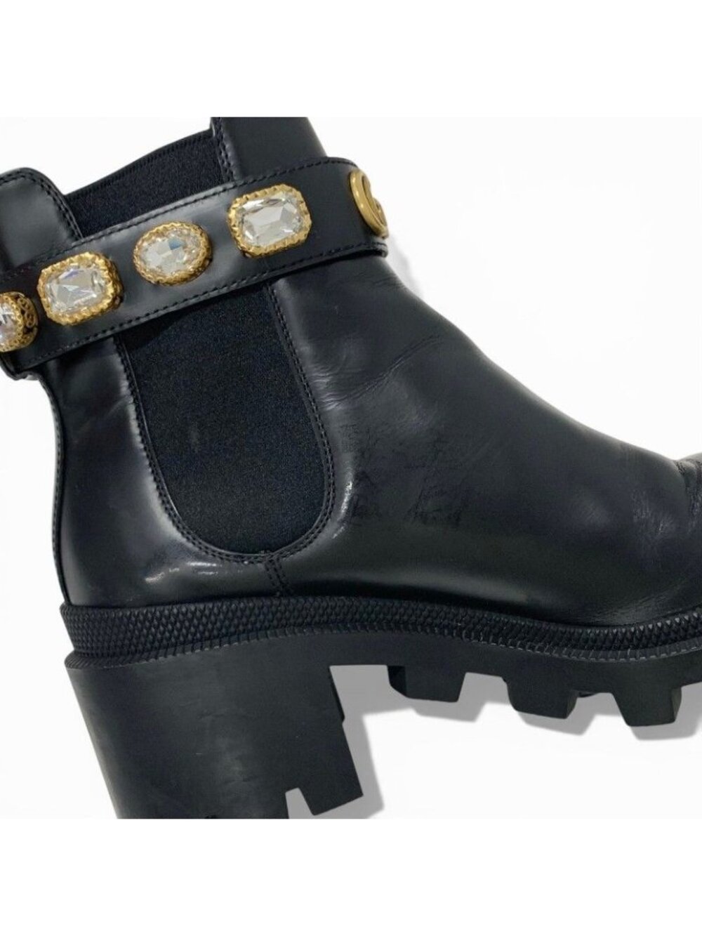 Gucci Short Boots Shoes Leather Black Bijoux GG Marmont Belt Side Gore - Picture 10 of 10